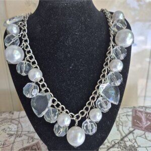 Vintage Necklace Faux Pearls & Clear Acrylic Beads‎ Statement Hollywood Glam